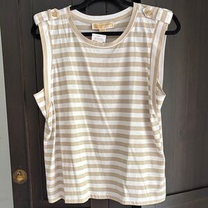Michael Kors Beige and White Striped Sleeveless Tank with Button Shoulder Tabs